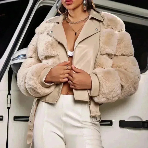 Khaki Casual Women's Faux Fur Spliced Faux Leather Double Belt Slim Warm Jacket - Picture 3 of 7